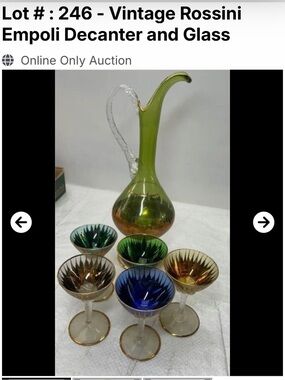 Green and Amber Glass Decanter with Multi-Color Stemmed Glasses